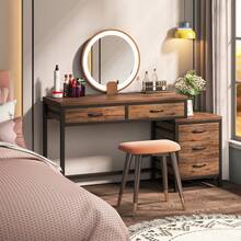 LITTLE TREE Makeup Vanity Desk With 5 Drawers, Rustic Vanity Table With With Reversible Storage Cabinet,Dressing Table For Small Spaces,Women, Girls Bedroom,Home Office(Without Mirror) - Nâu mộc mạc - Xem 5