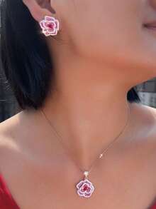 Bộ trang sức cao cấp gồm dây chuyền và bông tai hình hoa màu hồng cánh sen đính đá Cubic Zirconia, mạ vàng hồng, thích hợp đeo hàng ngày cho nữ. - Màu Hồng Tươi - Xem 3