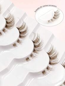 Asiteo 7 Pairs Brown Natural Half-Strip Eyelashes With Transparent Band, Soft & Fluffy Cat Eye Style Natural Lashes, Reusable - Half Eyelashes - View 5