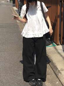 韓系甜美荷葉邊拼接短袖上衣，夏季白色，美學風格 - 白色 - 查看 4