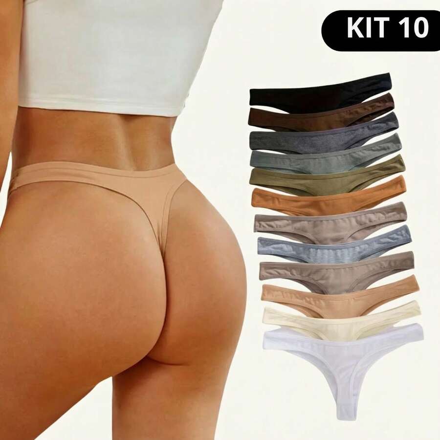 Set Of 10 Panties, 100% Cotton, Thong Style, Breathable, Seamless, Comfortable, Women's Lingerie. - 中性色 - 查看 1