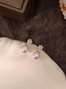 轻奢锆石珍珠新娘耳环，低过敏性镀金婚庆首饰 - 鋯石珍珠耳環 - 查看 3