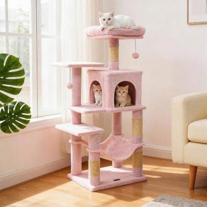 Multi-Level Cat Tree, 44 Inches Tall With Sisal Scratching Posts, Double-Entry Condo, Hammock, Dangling Balls, And Cozy Top Perch, Ideal For Indoor Cats To Play And Rest (Pink)
