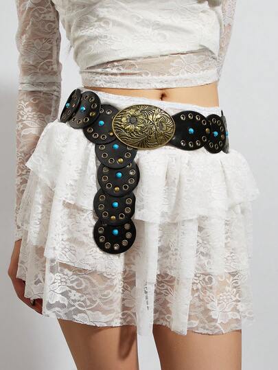 1 chiếc thắt lưng kiểu Bohemian phương Tây màu đen với khóa hình bầu dục đính đinh tán, khóa bằng đồng chạm khắc cổ điển với trang trí đá ngọc lam, phù hợp với váy, chân váy, quần thường ngày, thích hợp cho tiệc tùng, đi học, mặc hàng ngày, du lịch, đi biển, quà tặng sinh nhật, Ngày của Mẹ, lễ hội âm nhạc, mùa tựu trường.