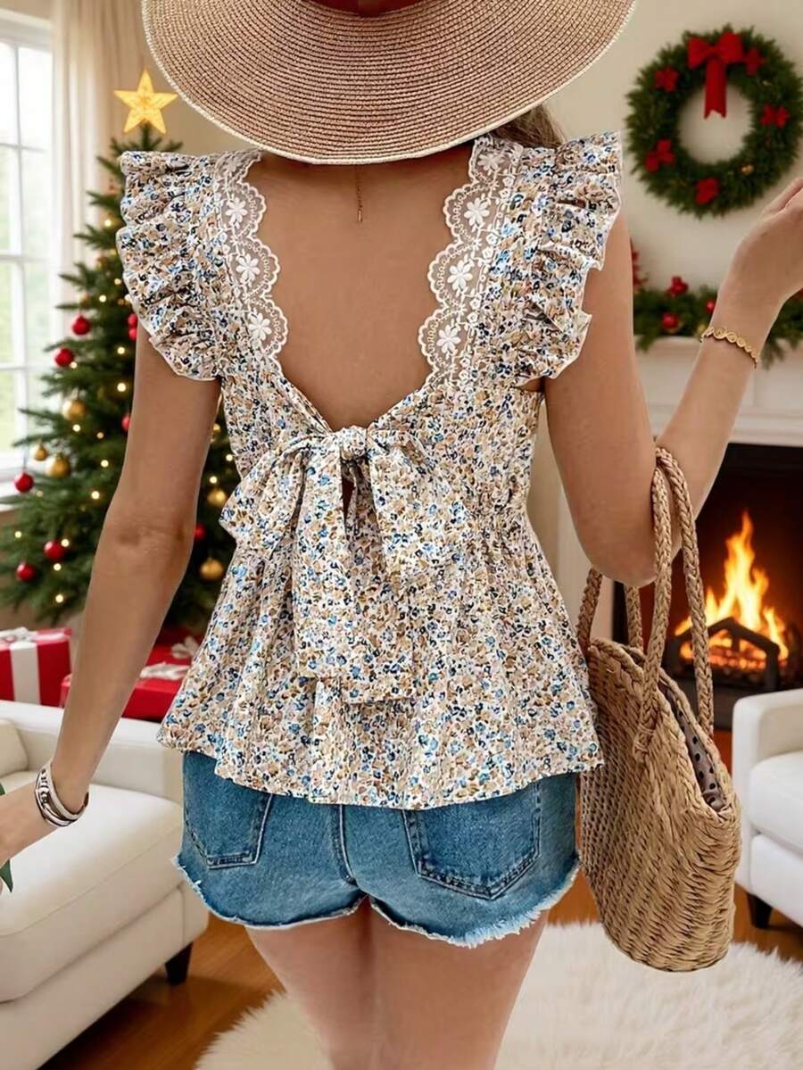 Women's Floral Ruffle Sleeve V-Neck Tie Front Backless Woven Blouse Summer - Multicolor - View 1