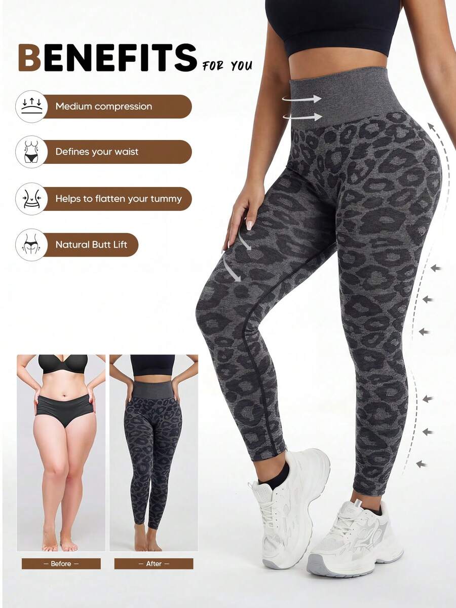 Quần legging nén yoga không đường may in họa tiết da báo dành cho nữ. - màu đen - Xem 1