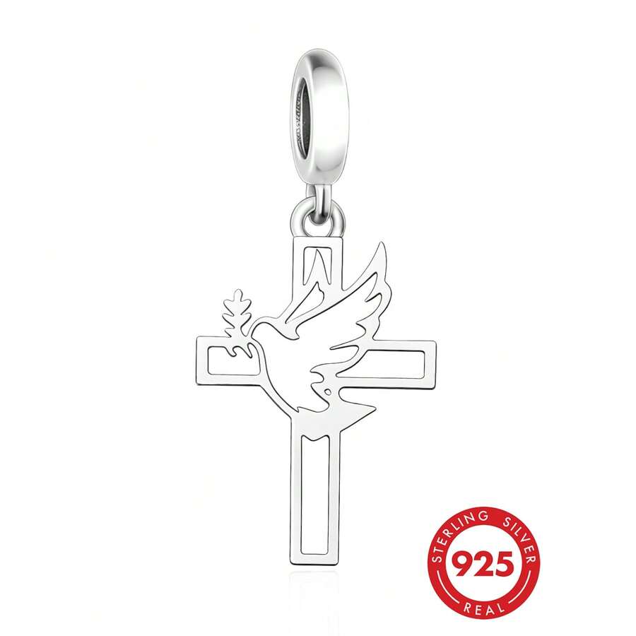 HuooNew 1pc Elegant 925 Sterling Silver Christian Cross & Pendant Bead, DIY Suitable For Banquet And Party - Silver - View 1