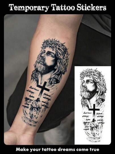 1 hoja de tatuaje temporal de gran tamaño para hombres, con patrón de cruz de la paz en negro, con el significado "Mientras creas, todo es posible", resistente al agua y al sudor, puede durar de 2 a 5 días, cubrir cicatrices, se puede usar en brazos, muñecas, hombros, piernas, cintura, cuello, manos, pecho, muslos, dedos, tobillos y otras partes, adecuado para fiestas, regalos, vacaciones, decoración corporal y otras ocasiones.