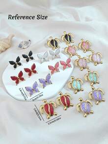 7 Pairs Women's Assorted Drip Oil Earrings Set, Made Of High-Quality Stainless Steel With Luxury Electroplated Finish, Featuring Vibrant Enamel Sea Turtle And Butterfly Designs, Comfortable And Hypoallergenic For All-Day Wear - Multicolor - View 6