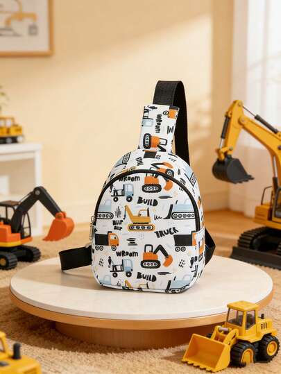 1 pieza Este práctico bolso de pecho con diseño de excavadora de dibujos animados cuenta con un cierre de cremallera de nailon y es un diseño único adecuado para diversas ocasiones y usos. Es versátil, adecuado para actividades al aire libre, juegos, ir y venir, y talla grande, lo que lo convierte en un regalo perfecto para adolescentes. (La colocación del patrón es aleatoria.)