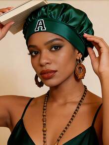 1pc A-Z Letter Silk Sleep Cap, Sleep Head Wrap, Soft & Comfortable Satin Wide-Brim Elastic Sleep Hat, Suitable For Daily Home Sleep, Holidays, Valentine's Day,Beach,Travel - Dark Green - View 4