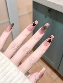 24pcs Rectangular/Trapezoid/Sharp Black Star/Transparent Heart Nail Stickers, Long Coffin Shape Fake Nails - Multicolor - View 3