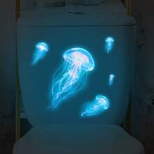 1pc Dreamlike Glowing Blue Jellyfish Wall Sticker, Luminous Marine Life Decal, Easy To Apply Bathroom Wall Decor - Multicolor - View 5
