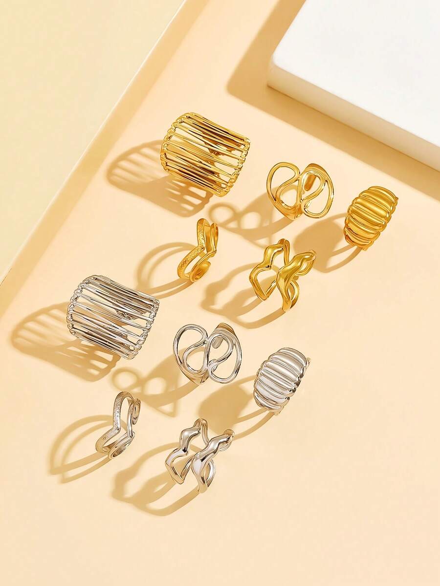 5pcs Geometric Asymmetrical Line Stainless Steel Ring Set, Elegant Hollow Streamlined Open Ring, 18K Gold Plated Waterproof Tarnish Resistant Jewelry For Daily Wear - Geometry - View 1
