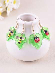 1 Pair Cute Countryside Style Leaf, Insect, Ladybug & Bee Dangle Earrings, Party Jewelry Accessories For Women - Multicolor - View 1