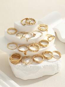 24pcs Smooth Geometric Snake Shaped Rhinestone Pendant Rings, Vintage Thin Band Stackable Rings, Classic French Style Versatile Gold Tone Rings For Women - Gold - View 3