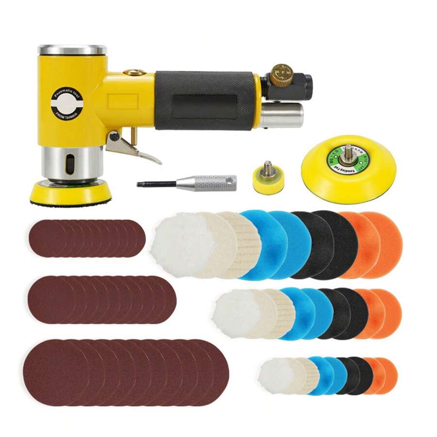 Kit de mini lijadora orbital aleatoria de 58 piezas de 2.54 cm/5.08 cm/7.62 cm, mini pulidora neumática de alta velocidad adecuada para trabajos de carrocería de automóviles, incluye esponja de pulido de 2.54/5.08/7.62 cm y almohadillas de papel de lija - A - Ver 1