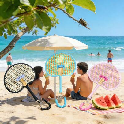 Quạt cầm tay đan lát Summer Dopamine Breeze có dây đeo, quạt mây di động dành cho nữ, quạt làm mát ngoài trời, bãi biển, dễ thương, nhiều màu sắc.