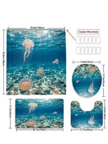 1/3/4件套深海水母印花浴帘浴室套装,海洋生物风格浴室窗帘,防水耐用现代家居浴室装饰浴帘,72英寸*72英寸浴室隔断浴帘,包含12个挂钩,浴室配件 - 包括马桶盖、浴垫和地毯,采用涤纶面料 - 可水洗,适用于家庭浴室/酒店/度假租赁/西式浴室/水族馆/房车深海风格浴室装饰,四季皆宜,公寓必备,乔迁礼物,母亲节礼物 - 水母 - 查看 15