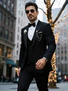 Men's Tailored Suit Set, Black Satin Plaid Collar, Anti-Wrinkle Fabric, Wedding Groom's Evening Dress For Formal Business Attire - 黑色 - 查看 1