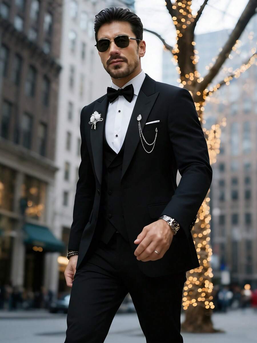 Men's Tailored Suit Set, Black Satin Plaid Collar, Anti-Wrinkle Fabric, Wedding Groom's Evening Dress For Formal Business Attire - 黑色 - 查看 1