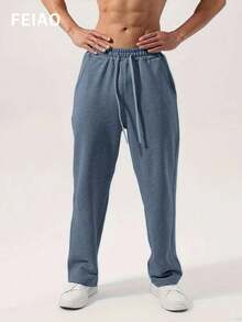 Men's Retro Drawstring Casual Pants, Suitable For All Seasons, Autumn/Winter, With Thin Fleece Lining - Dusty Blue - View 5