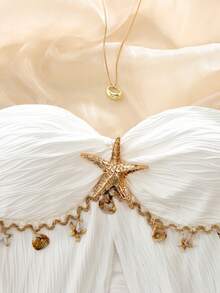 Starfish & Shell Decor Ruched Camisole Top, Satin Fabric With Tassel Trim, Vacation Beach Sweet & Sexy Layering White Summer - White - View 3