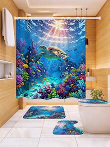 1/3/4 Pcs Colorful Ocean Turtle Bathroom Set, Waterproof Mildew-Proof Shower Curtain With Tropical Fish & Coral Reef Print, Soft Anti-Slip Bathroom Rug Set With 12 Hooks, Suitable For Daily Home, Rental Renovation, Holiday Bathroom Refresh, Shower Room Separation, Housewarming/Birthday/Children's Day/Mother's Day/Father's Day Gift - Underwater World - View 9