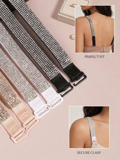 Rhinestone Decorated Replaceable Bra Straps, Sexy Off-Shoulder Design, Non-Slip Elastic Adjustable, Multi-Color Options, Suitable For Various Bras And Camisole Dresses, Sparkling Sequin Decor Accessory To Enhance Clothing Elegance