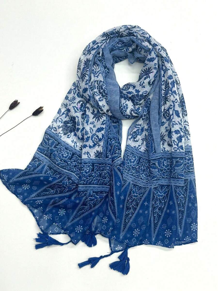 1 buah Syal Ringan Bermotif dengan Rumbai, Syal Fashion Desain Elegan untuk Wanita, Syal Chiffon Bernapas untuk Musim Semi/Panas, Jilbab Serbaguna, Selendang Pantai, Pelindung Matahari, Liburan - Blue and White - View 1