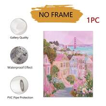 Tranh phẳng 2D, 1 bức tranh treo tường Cầu Cổng Vàng không khung, hình ảnh những ngôi nhà sơn màu trắng ở San Francisco với họa tiết hoa, áp phích phong cảnh thành phố màu hồng. - Nhiều màu - Xem 10
