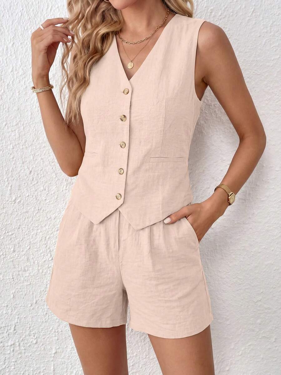 Women's Summer Clothes Tanktop 2 Piece Sets Outfits Sleeveless Matching  Button Down V Neck Vest Waistcoat And Pockets Going Out Short Sets Beige Vacation Summer Brunch Outfits For Women - Màu be - Xem 1