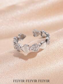Anillo de acero inoxidable con forma de luna y corazón, incrustado con circonita cúbica, anillo ajustable de color plateado para mujeres, regalo romántico para boda, aniversario, día de la madre, San Valentín - Plata - Ver 12