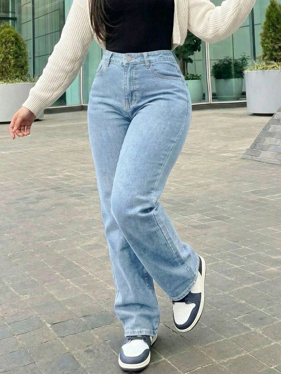 女士复古宽松男友直筒牛仔裤 - 淺色水洗藍 - 查看 1