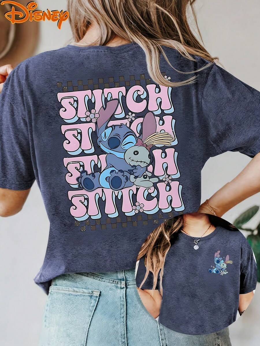 Disney License T Shirts,Disney Lilo & Stitch Stitch Hug Scrump Checkered Retro Groovy Repeat Letter Graphic Women's Oversized T Shirt Cute Kawaii Drop Shoulder Short Sleeve Tee Disney World Theme Park Vacation Summer Casual Streetwear Top For Lilo & Stitch Fans ,Camiseta, Summer Outfits For Women, Summer Clothes, Summer Tops, Tops For Women, Festival Outfits, Summer Tops For Women, Mother's Day, Mother's Day Clothing, Gifts For Family And Friends, Spring Outfits For Women, Officially Licensed Disney T-Shirts, Disney Men's And Women's Spring/Summer Fashion Casual Short-Sleeve T-Shirts - 藍色 - 查看 1