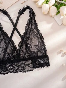 1pc Women's Lace Wireless Comfortable Backless Bra - Black - View 4