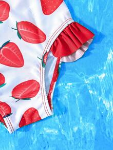 Girls' One-Piece Swimsuit, Featuring Sweet & Cute Style With White Base And All-Over Strawberry Print, Complemented By Red Ruffle Trim, Asymmetric Design With Wide Single Strap & Thin Strap For Fashionable Look, Lively & Playful Style Suitable For Low-Age Girls, Ideal For Swimming Pool, Beach And Other Water Activities. - Red - View 6