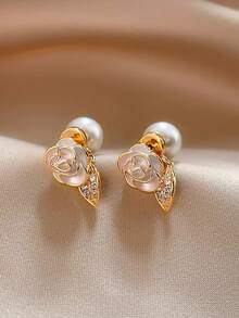 一对优雅的法式山茶花仿珍珠耳环，前后均饰有珍珠，精致休闲，适合女士假日佩戴。 - 金黃色+白色 - 查看 7