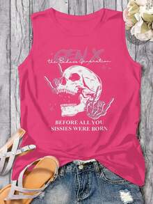 New Women'S Fashion Beach Vacation Style Easy Coconut Tree Cartoon Tank Top, Spaghetti Strap Tank, Casual Printed Vest, Printed Tank Top Skull And  Gen X  Graphic Printed Women'S Tank Top - 粉色 - 查看 2