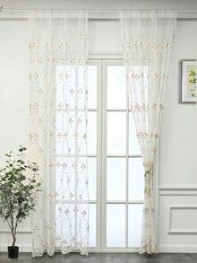 1pc Floral Embroidered Sheer Curtain, Vintage Flower Lace Voile Curtain For Living Room, Bedroom, Balcony - Multicolor - View 9