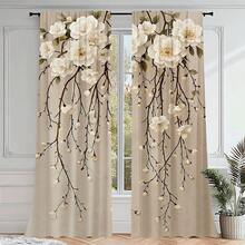 2PCS Floral Terrace Printed Curtains - Elegant Floral Design, White Flowers And Green Leaves Pattern, Semi Transparent Polyester Fabric, Suitable For Bedroom, Living Room Or Home Decoration, Living Room Curtains,Decorative Curtains - Multicolor - View 8