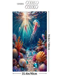 梦幻海底水母浴帘套装(1/3/4件),珊瑚礁贝壳阳光印花防水防霉浴室浴帘,涤纶柔软防滑浴室地垫套装(马桶座套+U型地垫),带12个挂钩,四季皆宜,梦幻海洋主题浴室装饰配件,适合日常居家使用、出租房翻新、节日浴室焕新、淋浴分隔,乔迁/生日/儿童节/母亲节/父亲节礼物 - 深海實景 - 查看 12