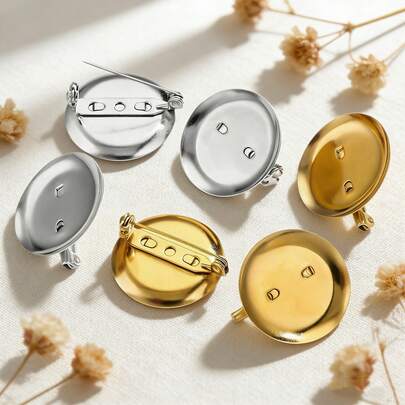 10个金色和银色不锈钢圆形胸针底座，空白别针底座，带安全扣，适用于DIY珠宝制作，可用于徽章、翻领别针、工艺品制作