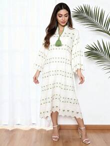 优雅刺绣阿拉伯连衣裙，绿色流苏V领长袖波浪下摆连衣裙，2026新款斋月传统服饰，宰牲节传统服装 - 白色 - 查看 9