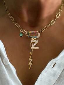 1 buah Kalung Huruf A-Z Oval Emas dengan Gesper dan Rantai Huruf Berlian Bentuk Petir, Gaya Mewah Unik, Cocok untuk Dekorasi Kerja Sehari-hari Wanita - Yellow Gold - View 13