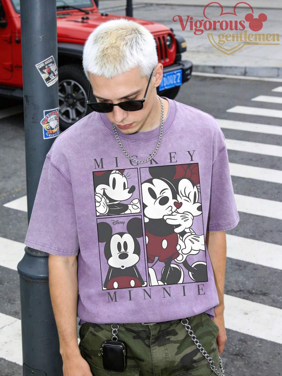 Unisex Short Sleeve T-Shirt, Disney Mickey & Minnie Four-Panel Print Short Sleeve, Summer Travel Short Sleeve - 淡紫色 - 查看 1