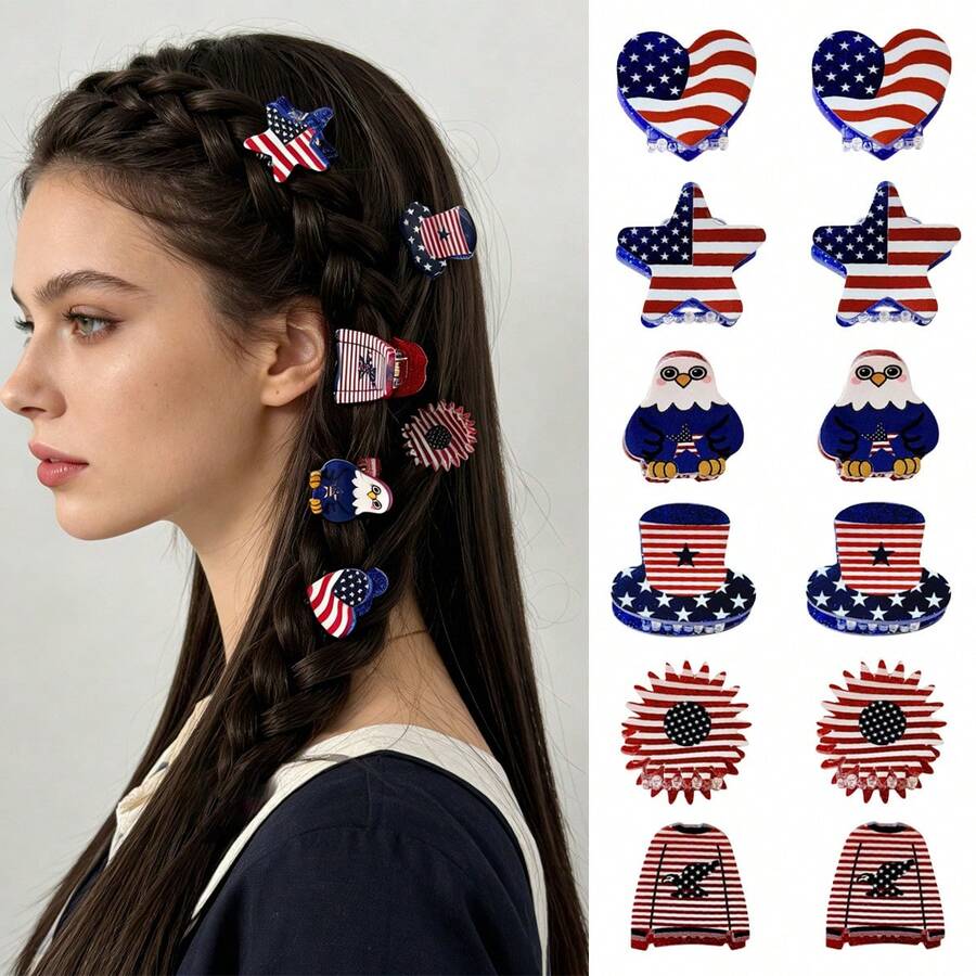 3 piezas Pinzas de pelo en forma de bandera estadounidense, águila, corazón y estrella, clips de pelo lindos de colores aleatorios para el Día de la Independencia - Multicolor - Ver 1