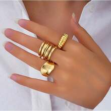 14/12/3pcs Set Asymmetrical Shaped Faux Pearl Flower, Geometric, Liquid, Round, Hollow, Multilayer Metal Textured Rings, Oversized, Chunky, Fashionable, Elegant, Vintage, Suitable For Holiday, Party, Date, Gift, Daily Wear - Yellow Gold - View 9