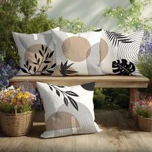 4pcs Set Minimalist Daily Khaki Abstract Geometric Line Leaf Throw Pillow Covers, Single-Sided Printed Peach Velvet Polyester, 45*45CM/18*18inch Cushion Covers For Room Decor, Modern Minimalist Sofa Living Room Decoration, Gift, Party - Multicolor - View 4