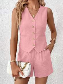 PRETTYGARDEN Women's Summer Clothes Tanktop 2 Piece Sets Outfits Sleeveless Matching  Button Down V Neck Vest Waistcoat And Pockets Going Out Short Sets Vacation - 粉色 - 查看 4